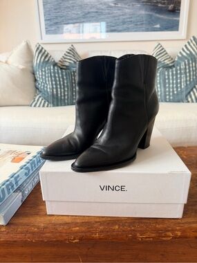 Vince Black Leather Erving Pointed Western Ankle Boots